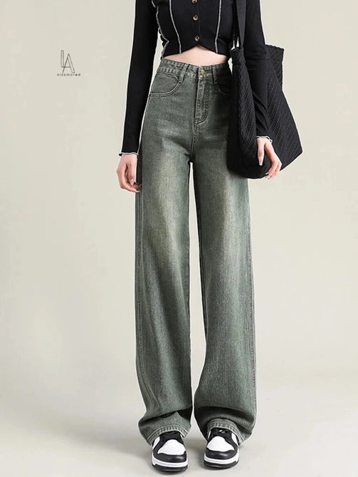 Korean Fashion High Waisted Denim Pants for Women - Coffee Wide Leg Trousers for a Chic Office Look