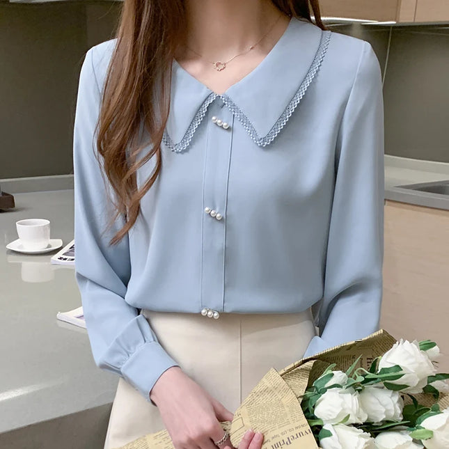 Elegante Frühlingsbluse mit süßer Spitze und Perlenstickerei für Damen – Langärmelige Oberteile im koreanischen Stil mit Peter-Pan-Kragen