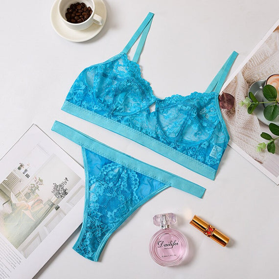 Women Lingerie Sets Sexy Solid Transparent Floral UnderWire Lace Bra Fashion See Through Patchwork Briefs