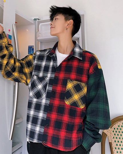 Men Oversized Cotton Plaid Shirt 2023 Man Hip Hop Patchwork Button Up Long Sleeve Shirt Couple Korean Harajuku Clothing