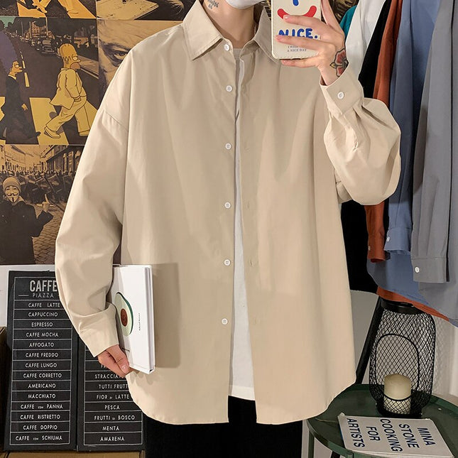 Men Solid Vintage Long Sleeve Harajuku Shirts 2023 Mens Japanese Streetwear Causal Shirts Man Button Up Oversized Shirt