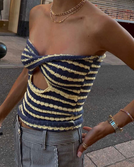 Knitted Sweaters Cut Out Sexy Strapless Crop Tops for Women Fashion Backless Striped Cropped Tanks Top Streetwear
