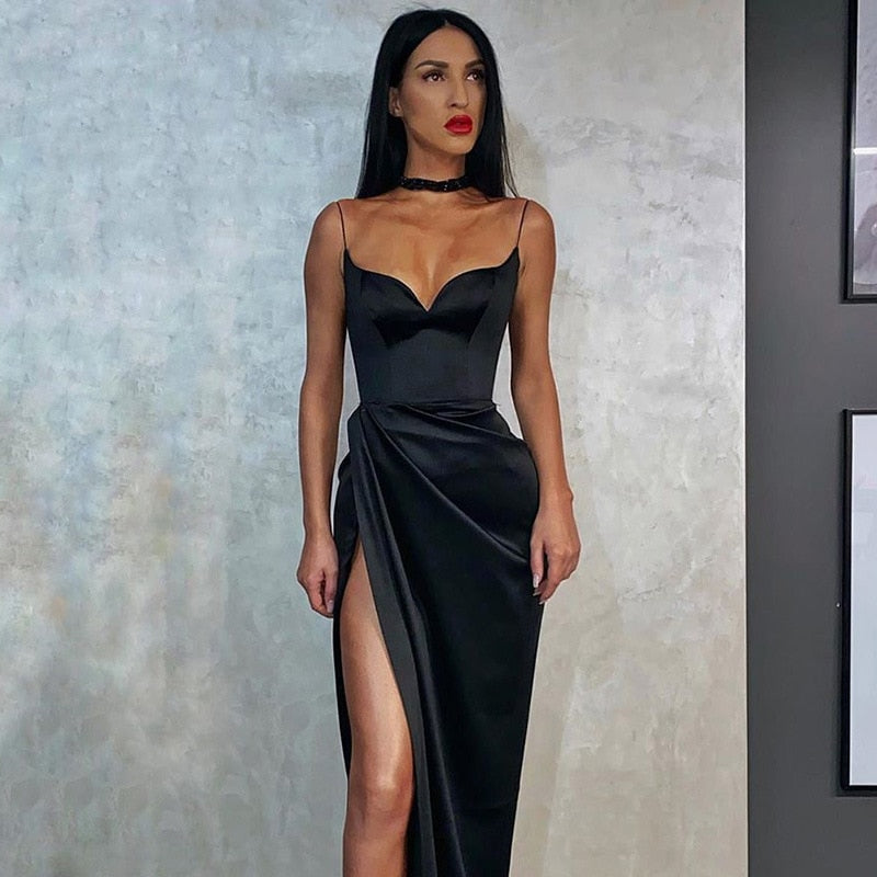 Spaghetti Straps Black Sexy Backless Midi Dresses Gown Party Club Sleeveless Bodycon Split Dress Vestidos Solid