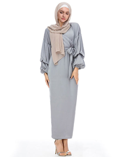 Bubble sleeves Muslim dress abayas irregular abaya dubai islamic 4 colors was thin abayas with belt