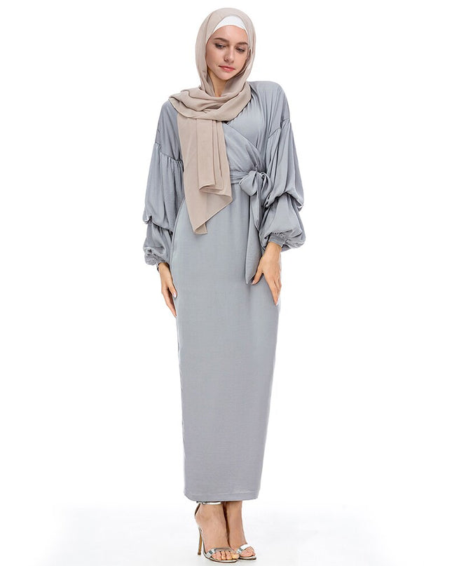 Bubble sleeves Muslim dress abayas irregular abaya dubai islamic 4 colors was thin abayas with belt
