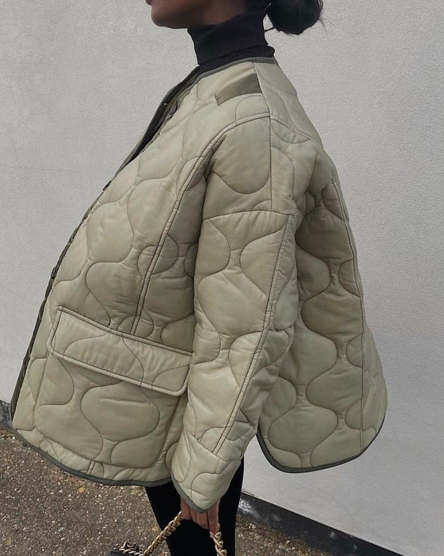 Designer Höst Vinter Armégröna Pufferjackor för Kvinnor Casual Mode Varm Dubbelknäppt Quiltad Bomullsjacka Fickor