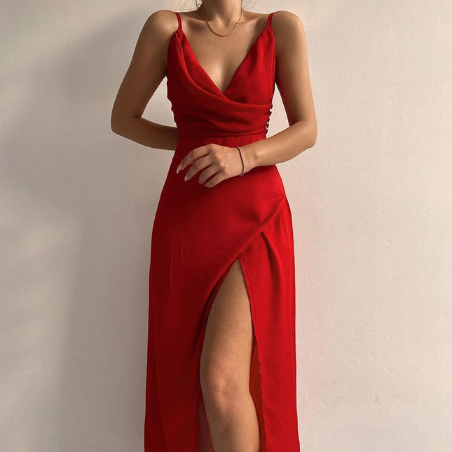 Spaghettiträger Sexy Rückenfrei Wickel-Midikleid Schlitz Abendkleid Outfits Damen Drapierte Kleider Elegant Club Party Kleider