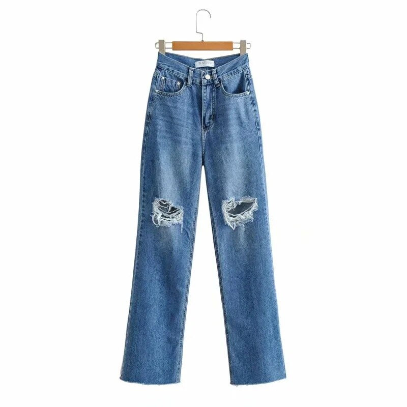 Fashion Denim Ripped Distressed Jeans Woman High Waist Flare Pants Bottom Streetwear Trousers Pants Jeans Ladies
