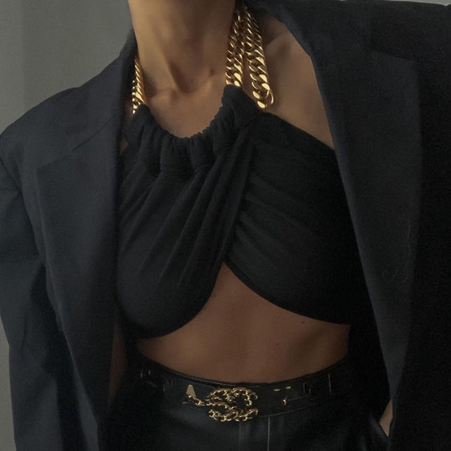 Sommer Mode Chic Neckholder-Ketten-Crop-Tops für Damen Rückenfrei Kurz Feminino Schwarzes Wickel-Top 2023 Streetwear