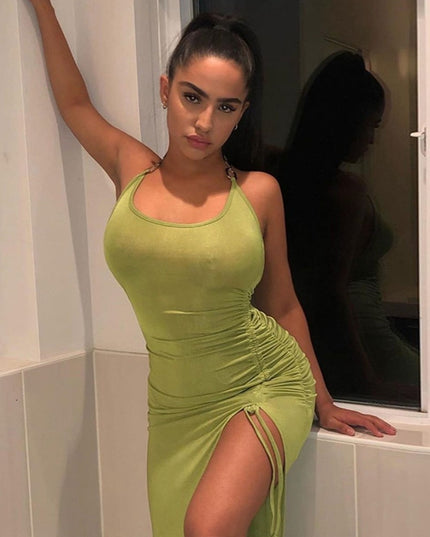 Sommar Sexiga Axelbandslösa Midiklänningar Klubb Fest Eleganta Klänningar med Dragsko Rynkad Ärmlös Halterneck Klänning Dam Outfits