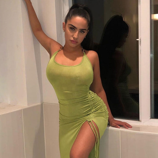 Summer Split Sexy Backless Midi Dresses Club Party Elegant Drawstring Ruched Sleeveless Halter Dress Women Outfits