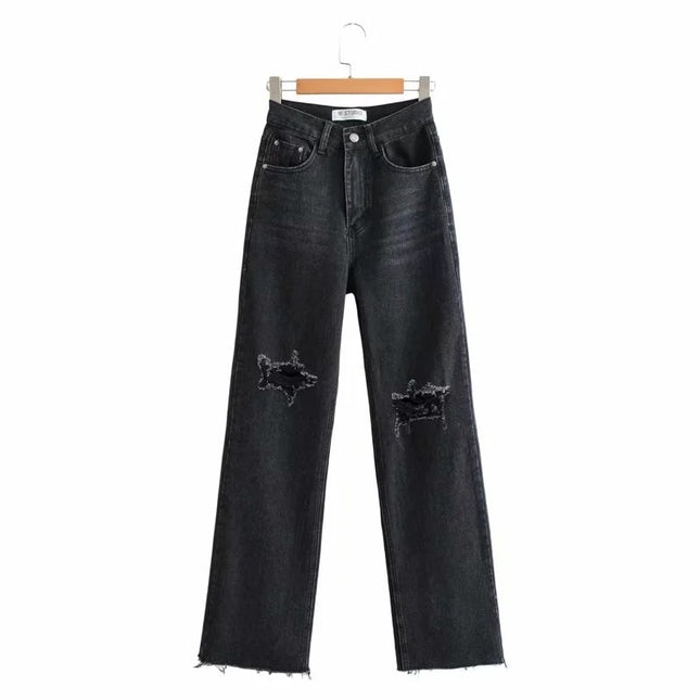 Fashion Denim Ripped Distressed Jeans Woman High Waist Flare Pants Bottom Streetwear Trousers Pants Jeans Ladies