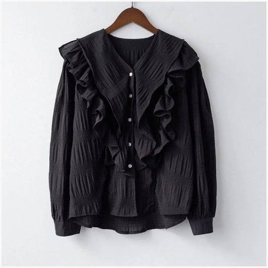 Elegant Korean Fashion Blouse: V Collar, Ruffle Details, and Versatile White Color for Spring