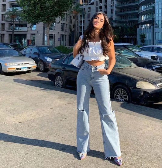 Fashion Denim Ripped Distressed Jeans Woman High Waist Flare Pants Bottom Streetwear Trousers Pants Jeans Ladies