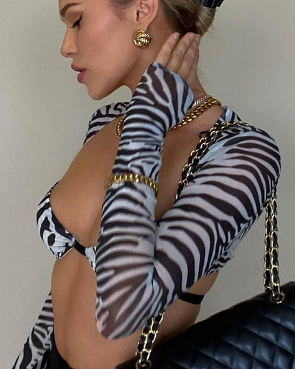 Fashion Zebra Print Mesh See Through Long Sleeve Cropped Tops Summer  Women Tees Slim Sexy T-Shirts Clothes