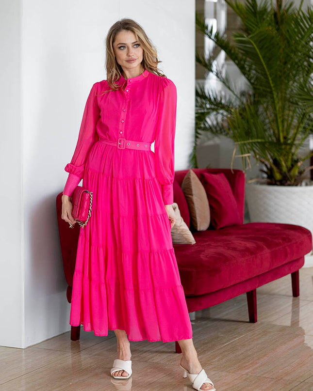Langarm Rüschen Elegantes Abendkleid Blau Rot Rosa Plissiertes Maxikleid Abschlussballkleid Damen Sommer Langes Kleid mit Gürtel für Damen 2023