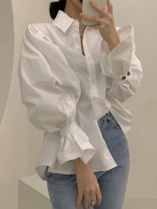 Niche Designer Solid Color Puff Sleeve Shirts And Blouses Women Casual Temperament Versatile Shirt Female