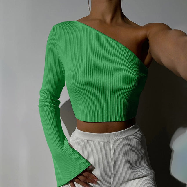 Herbst Asymmetrische Strick-Langarm-Slim-Tops für Damen Mode Einfarbige Y2K Cropped Top T-Shirts Basic Kleidung