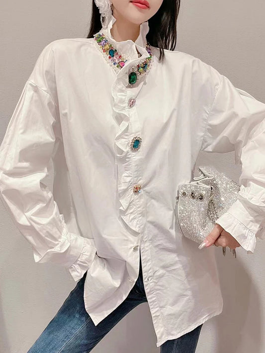 Elegant White Blouse with Beaded Diamonds and Ruffled Details for Women