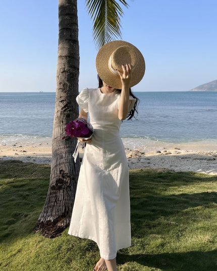 White Summer Beach Style Robe Women Puff Sleeve Chic and Elegant Ladies Sundress Hollow Out Guest Wedding Dresses