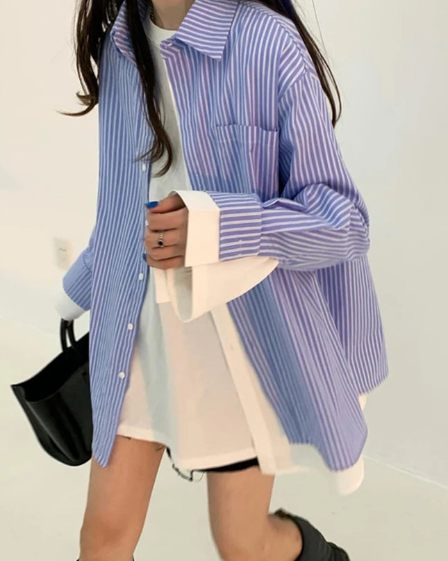 Sommertrend zweiteilige gestreifte Blusen Damen Designer Langarm vielseitiges Freizeit-Hemd weibliche Mode Neu