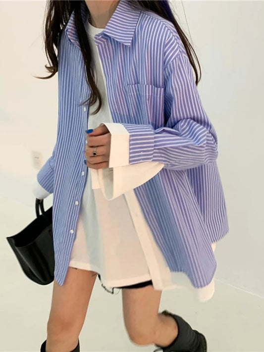 Summer Trend  2 Piece Striped Blouses Women Designer Long Sleeve Versatile Casual Shirt Female Fashion New