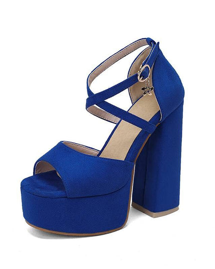 Luxry Female Sandals Peep Toe Block Heel Flock Suede Buckle Strap Sexy Party Shoes Big Size