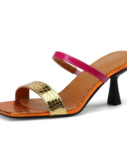 Women Sandals Square Toe Thin Heels Mules Slip On Mixed Color