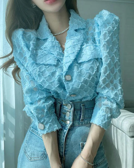 French Vintage Blouse: Women's Mesh Button-Up Shirt with Puff Sleeves and Notched Collar