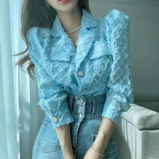 French Vintage Blouse: Women's Mesh Button-Up Shirt with Puff Sleeves and Notched Collar