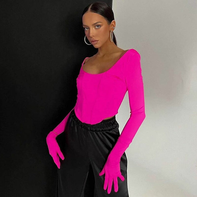 Fashion Square Kragen Korsett Tops Damen Eleganter Cropped Top mit Handschuhen Office Lady Langarm T-Shirts Kleidung