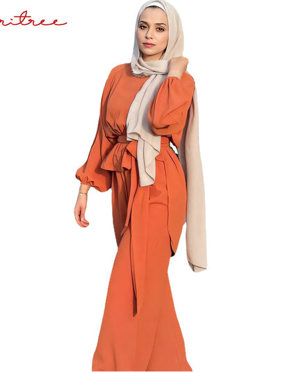 Djellaba Muslim Sets Dress Elastic Cuff Muslim Suits Elegant Long Islamic Women Modest Wear Clothing EID Sets