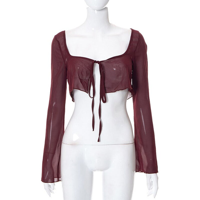 Elegante Netz- 透視-Oberteile und Blusen für Damen, sexy, Sommerhemden, Bluse mit ausgestelltem Ärmel zum Binden, Oberteile, Kleidung