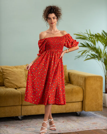 Klänningar med slits Blå Rosa Röd Blommig Boho Sommar Lång Damklänning Off Shoulder Sexig Strand Maxiklänningar för kvinnor 2023