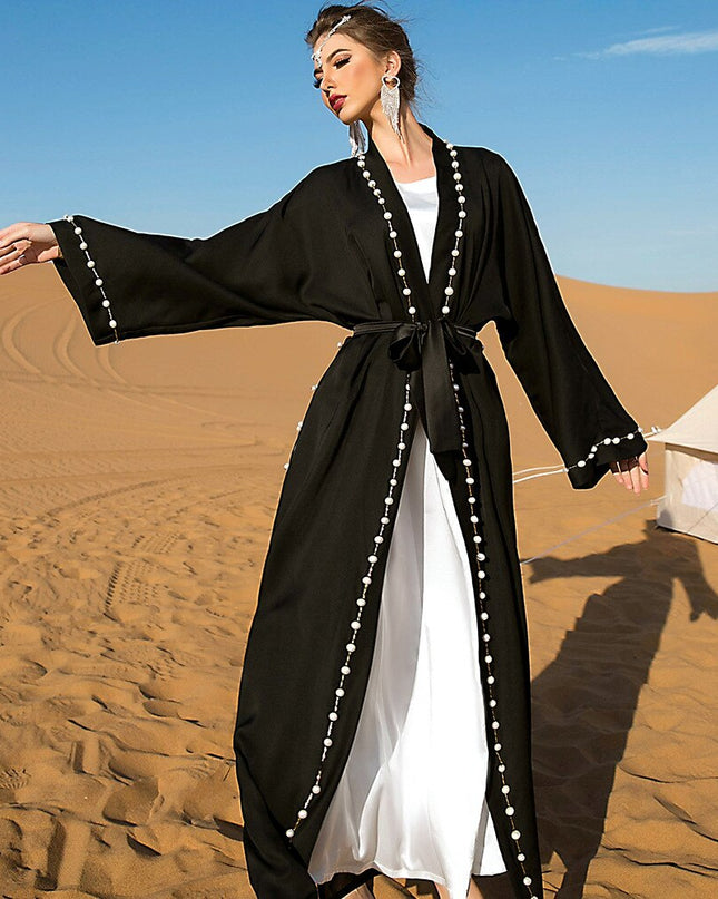 Djellaba Abaya Dubai Muslim Dress Kimono Cardigan Robes Dubai Pearl Beading Muslim Islam Abayas With Belt