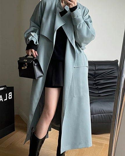 Lässiger Trenchcoat Damen Koreanische Mode Bandage Lange Strickjacke Weiblich Herbst Elegant Einfarbig Locker Langarm Dünner Windbreaker