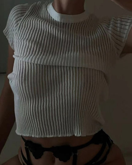 Elegant randig stickad genomskinlig damtopp Outfit Sommar Kortärmad rundhalsad topp Streetwear