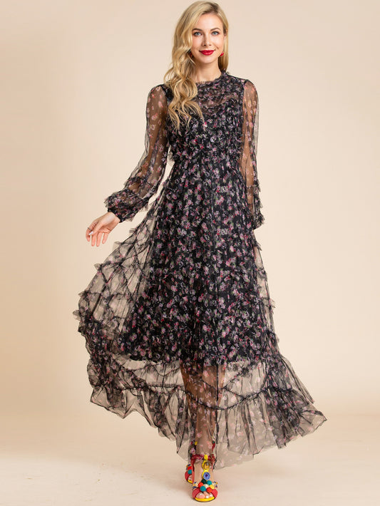 Boho Summer Floral Formal Occasion Evening Prom Dresses Long Sleeve Elegant Sexy Lace Maxi Long Cocktail Party Dresses For Women