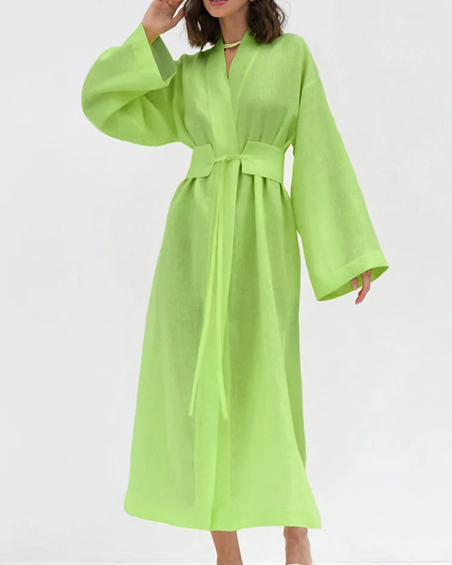 Baumwoll-Leinen-Kleider Damen Herbst Langes Kleid Langarm Schnürkleid Freizeit