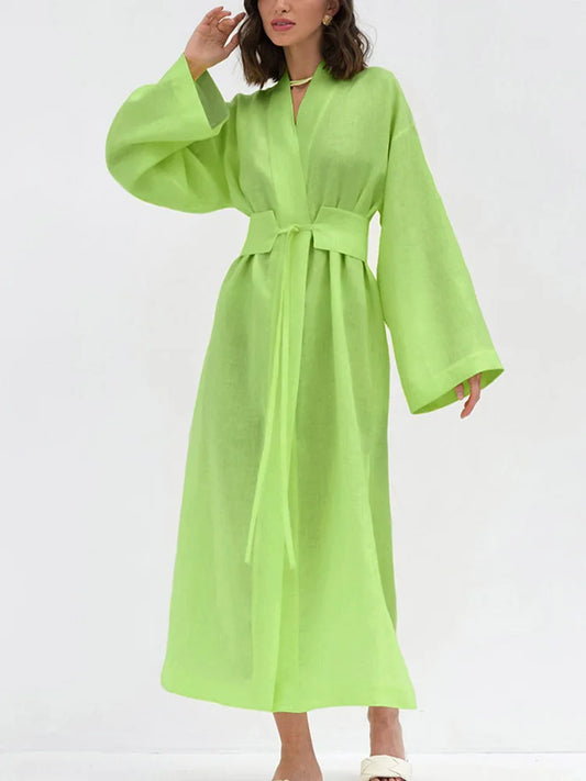 Cotton Linen Long Dresses Women Autumn Casual Long Sleeve Lace Up Dress