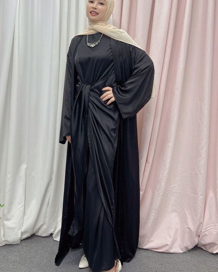Ins modejellaba muslimska set 2 delar silkeslen muslimsk kostym elegant lång islamisk modest klädsel satin