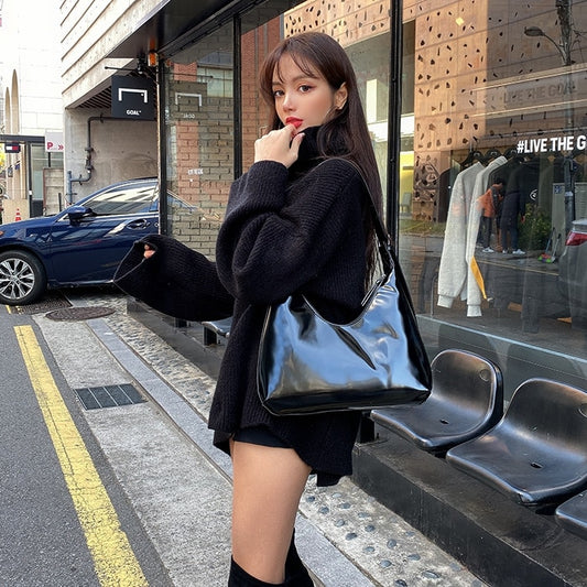Fashion Design Women Shoulder Bags Vintage Patent Leather Ladies Underarm Bag Retro Solid Color Female Girls Half Moon Handbags