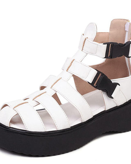 Women Shoes Sandals Round Toe Platform Flats Thick Cover Heel Buckle Strap Rome Style Solid Black White Leisure