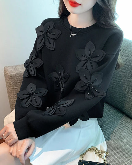 Chic Korean Sweatshirt with Big Flower Design and Beaded Accents - Comfortable and Stylish Pullover Hoodie