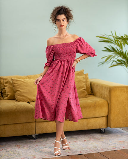 Klänningar med slits Blå Rosa Röd Blommig Boho Sommar Lång Damklänning Off Shoulder Sexig Strand Maxiklänningar för kvinnor 2023
