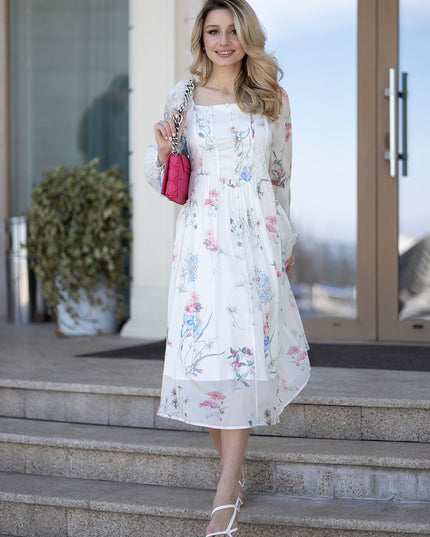 Summer Floral Chiffon Maxi Dress - Elegant White Beach Bodycon for Women
