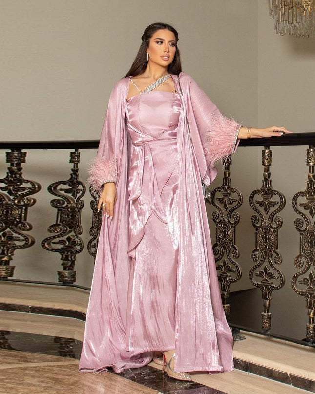 Feather Djellaba Muslim Dress Shiny Muslim Suits Elegant Long Islamic Women Modest Wear Clothing EID Sets