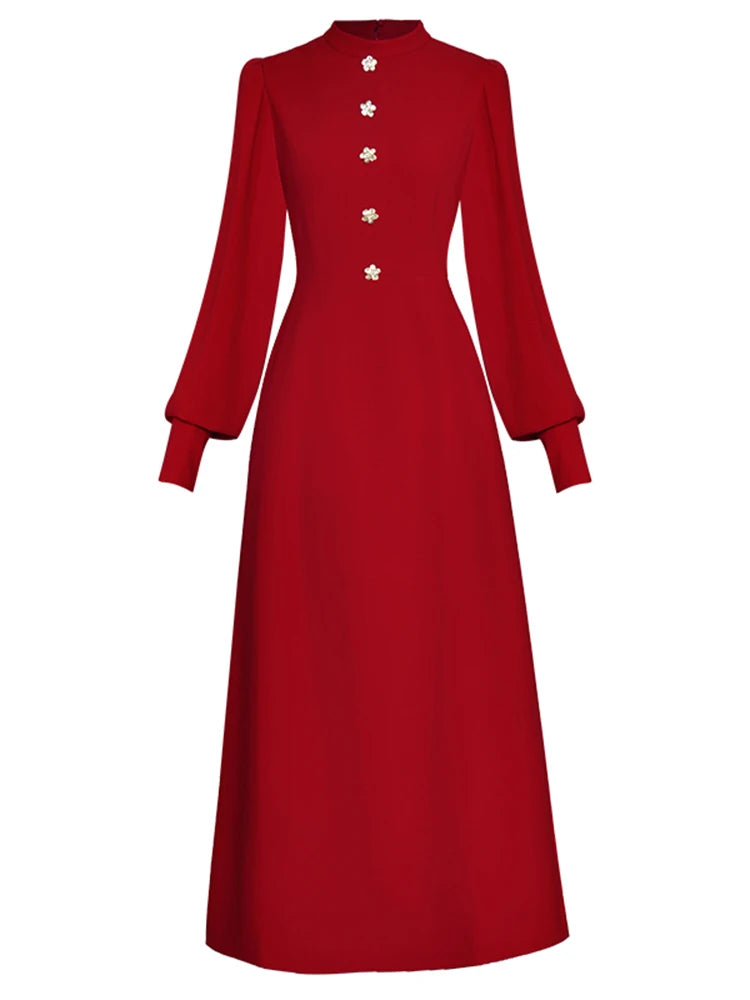 Neck Lantern Long Sleeve Button Decoration Large Swing Mid Length Wedding Party Dresses For Women