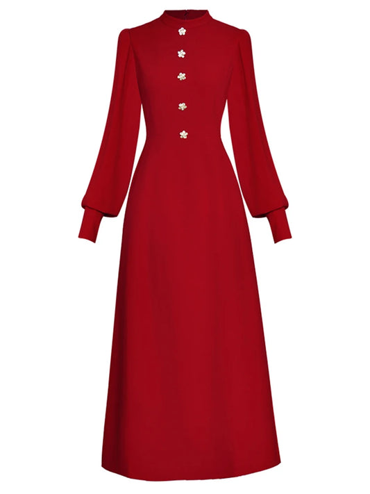 Neck Lantern Long Sleeve Button Decoration Large Swing Mid Length Wedding Party Dresses For Women