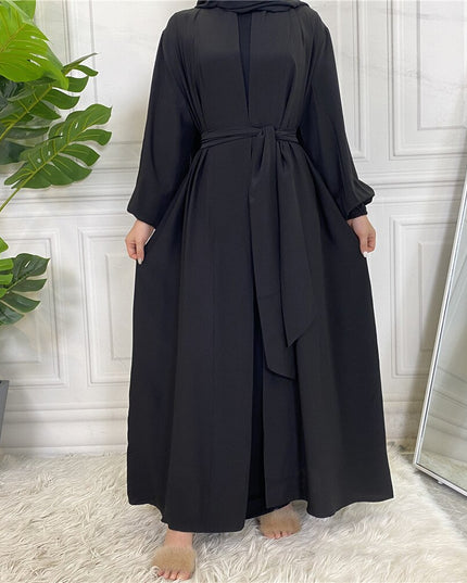 Fashion Simple Elastic Sleeved Djellaba Muslim Dress Dubai Full Length Soft Abaya Dubai Turkey Muslim Islam Robe With Belt